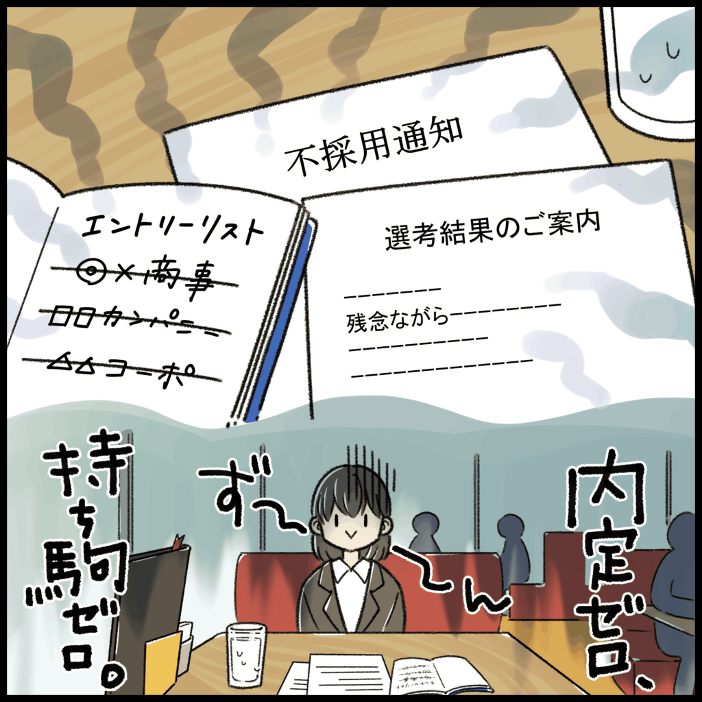 就活4コマ漫画1コマ目:カフェの席で「不採用通知」や企業名に線が引かれたノートを広げ、「持ち駒ゼロ。内定ゼロ。」とどん底まで落ち込んでいるスーツ姿の女子就活生。